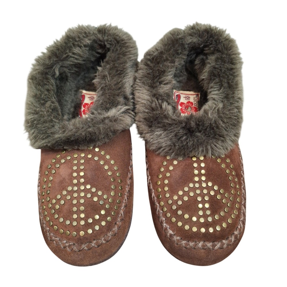 Lucky Brand Girls Brown Faux Fur Peace Sign Studded Moccasin Slippers Kids 1.5-2